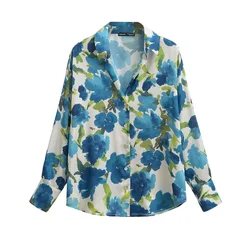 2024ZAR * Spring/Summer New Women's V-neck Button Decoration Silk Satin Texture Printed Long sleeved Shirt