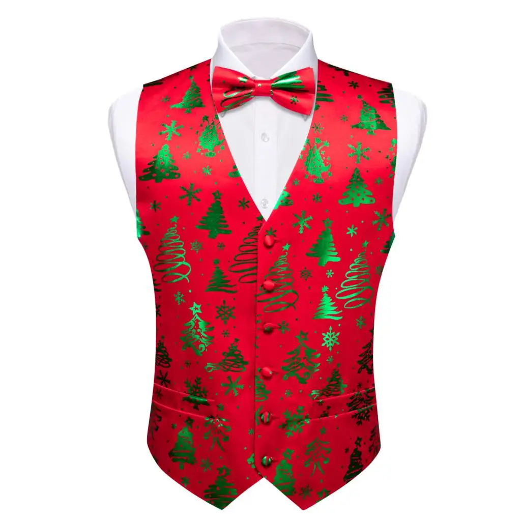 Christmas Mens Vest Silk White Red Blue Green Snowflake Gift XmasTrees Santa Claus Waistcoat Bowtie Set Festival Barry Wang