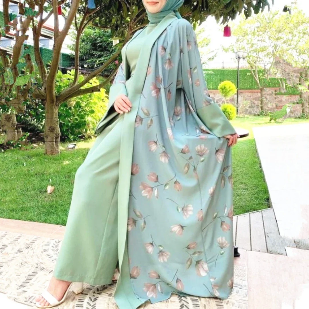 Ramadan Eid Open Abaya Matching Jumpsuit Linen Muslim Hijab Dress Turkey Abayas for Women Dubai 2023 Arabic Kaftan Islam