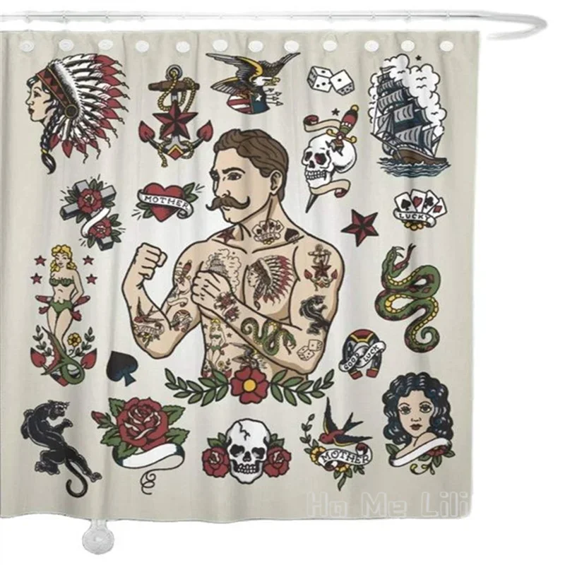 Fabric Shower Curtain By Ho Me Lili With Hooks Vintage Tattoo Flash Hipster Man Skull Heart Mermaid Snake Classic Bathroom Decor