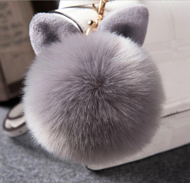 10cm Large Fluffy Pom Pom Keychain Cute Soft Plush Rabbit Ear Key Chain for Women Handbag Hanging Pendant Faux Fur Ball Keyring