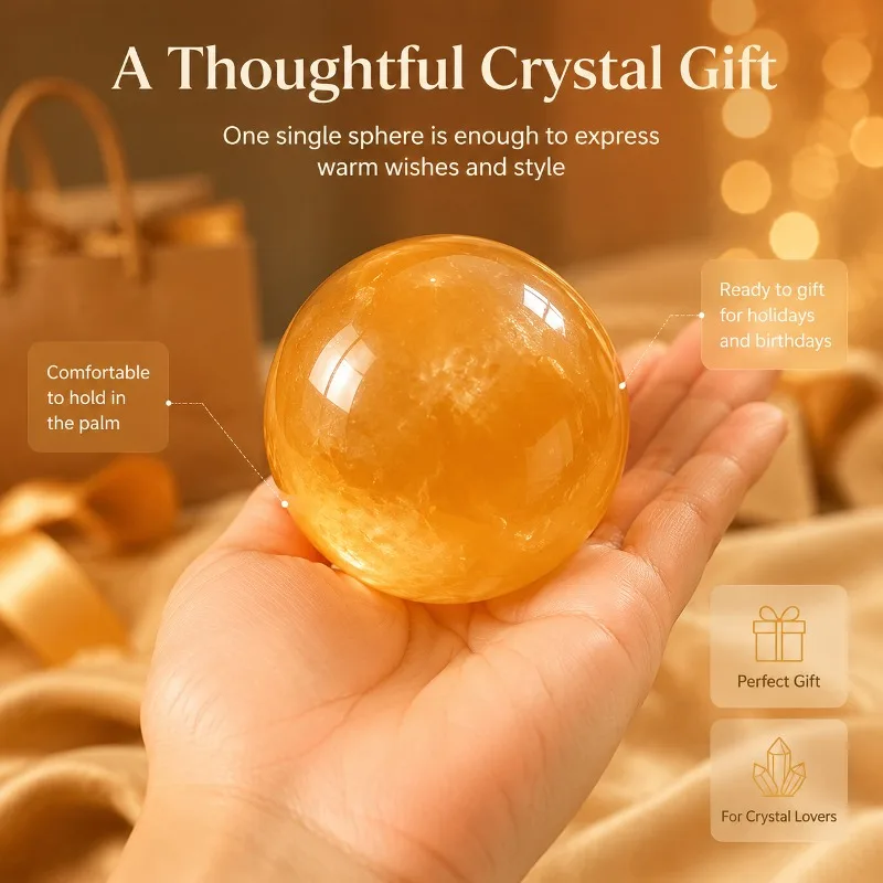The natural yellow ice Congee crystal ball, polished by hand, is round and plump, and the style is random. It is suitable for tabletop ornamental decorations, daily collections, home settings, and high-quality mineral handicrafts as gifts for friends