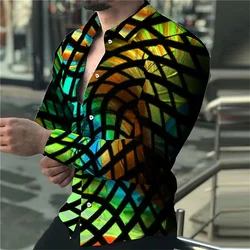 Summer designer designs patchwork gradient 3D printed lapel men's shirts, fashionable and high-quality long sleeved clothing