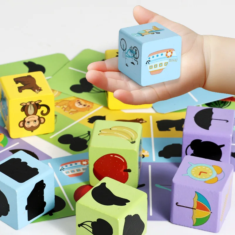 Drewniane klocki do dopasowywania cieni, gra w dopasowywanie wzorów z liczbami, kostka-puzzle, zabawki edukacyjne do wczesnej nauki dla dzieci i maluchów.
