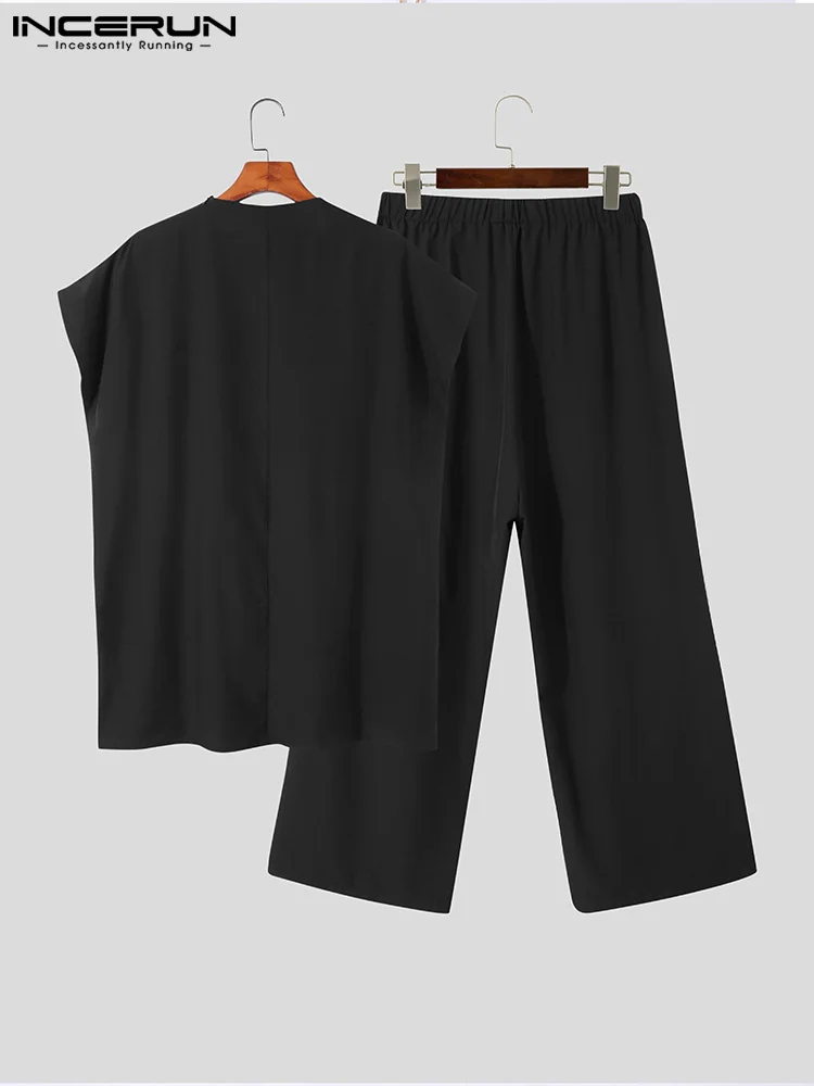 Incerun Mannen Sets Moslim Kleding 2023 O-hals Korte Mouw T-shirt & Wijde Pijpen Broek Twee Stukken Solid Baggy Mannen casual Suits 7