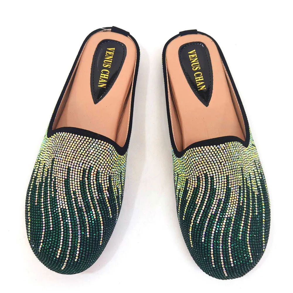 High Quality New Fashion Italian Designer Luxury Rhinestone Surface Slippers Summer Party Wedding Women's Flat Half Slippers