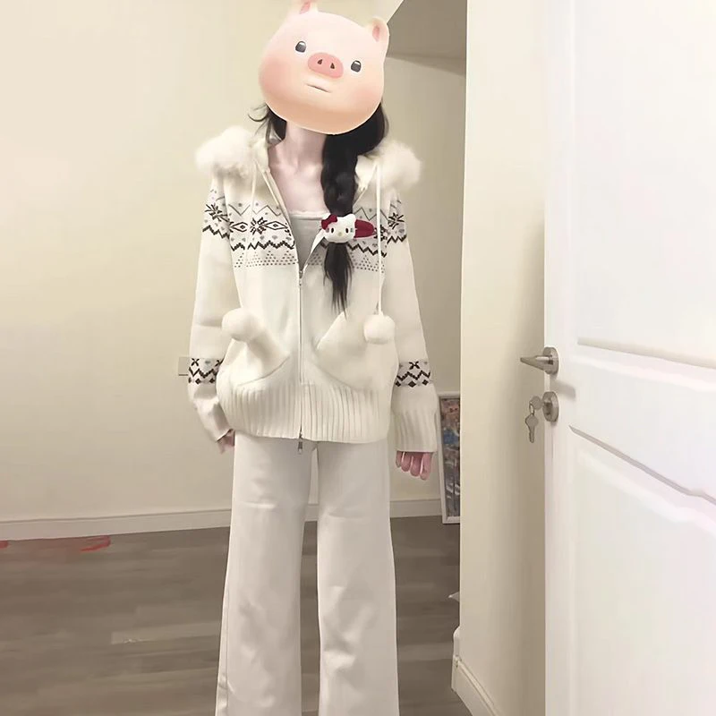Faux Fur Hooded Knit Sweater Women Print Pom‑pom Drawstring  Loose Cute Hoodie Cardigan Autumn Winter Warm Knitted Outerwear