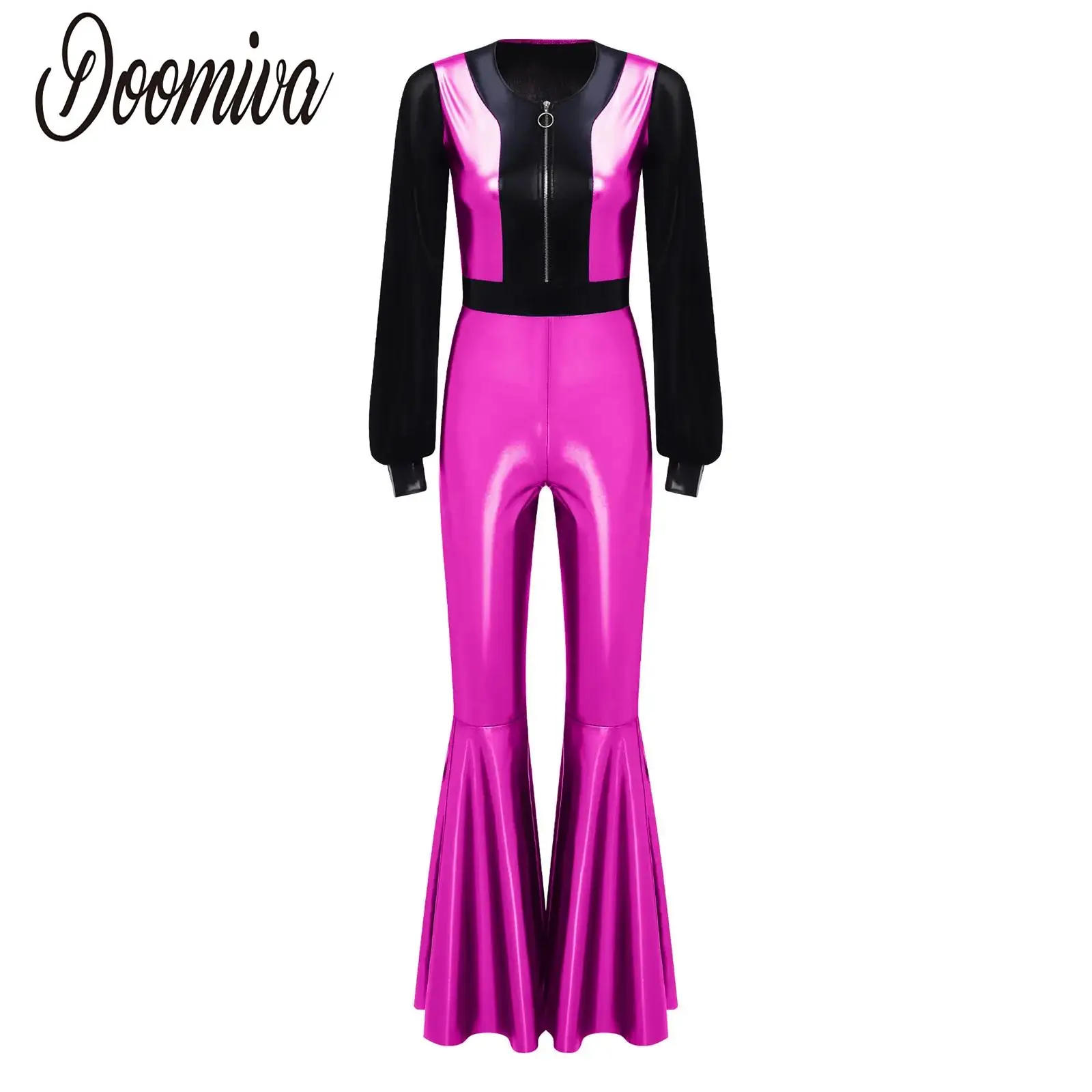 

Women 60s 70s Disco Costume Hippie Jumpsuit Halloween Carnival Party Jazz Dance Costumes Shiny Metallic Full Bodysuit Dancewear