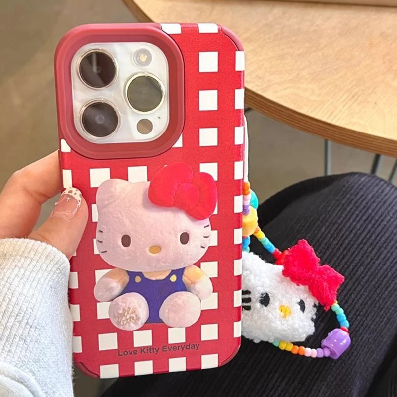 Sanrios Hello Kitty 3D Plush Bracelet Wrist Chain Case for Iphone 15 14 13 Pro Max Cute Anime Winter Protective Back Cover Funda