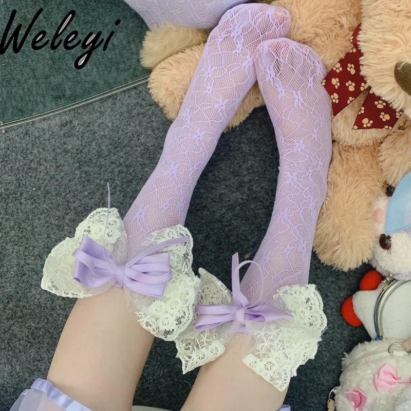 Jirai Kei Style Cute Bow Stacking Middle Tube Socks Summer 2024 Sweet Girly Kawaii Y2k Lace Mid-tube Calf Stockings for Women