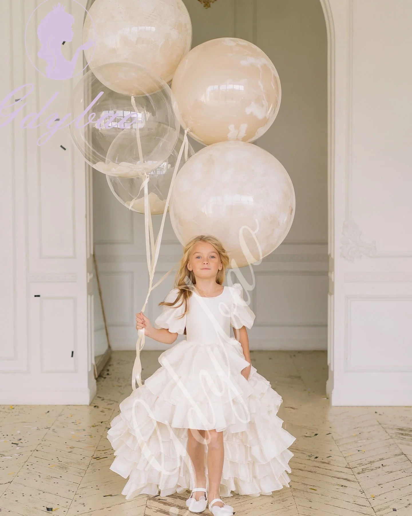 Lalic Flower Girl Dress for Wedding Layered Puffy Short Sleeve Princess Kids Birthday Party First Communion Ball Gowns Custom