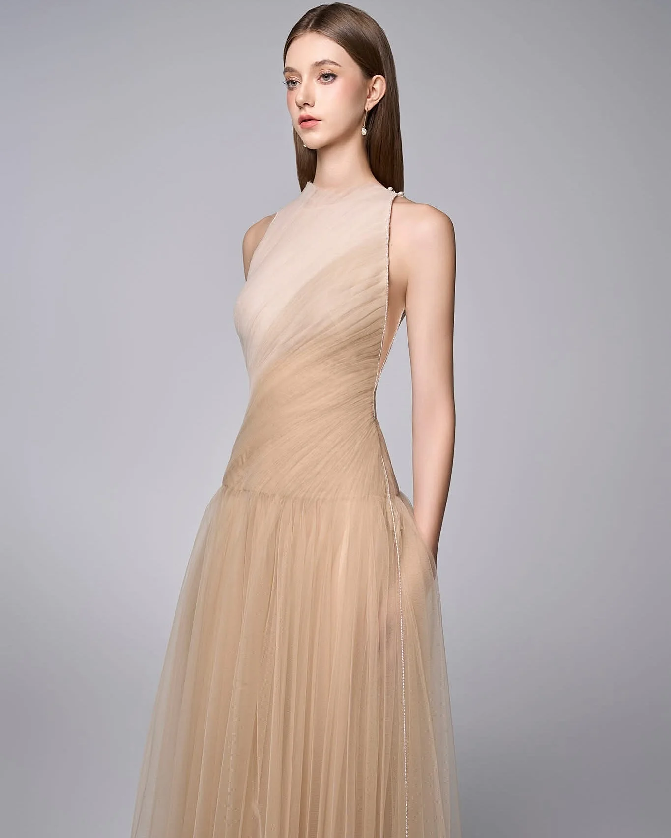 Vestido de noite de organza de renda personalizado, gola redonda, sem mangas, comprimento até o chão, banquete, festa de aniversário, saia longa formal