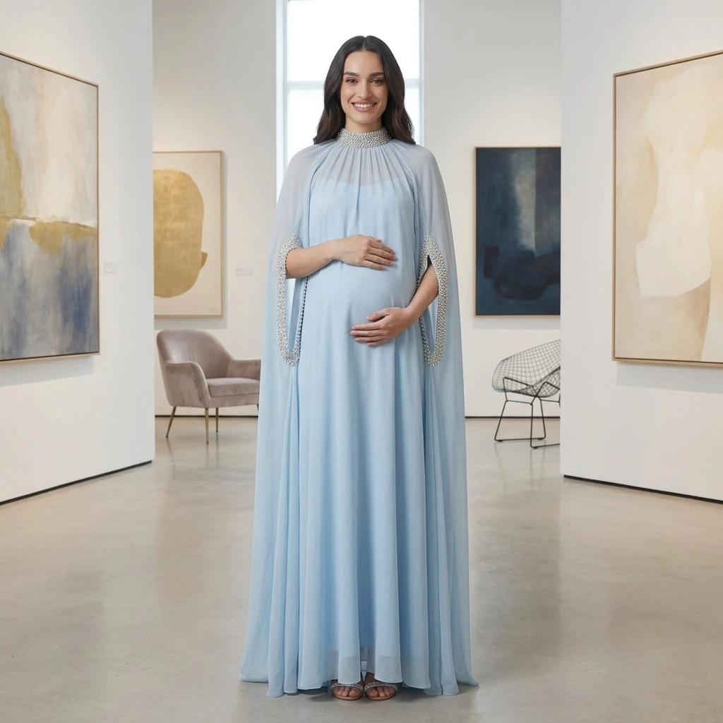 Blue Maternity Dress with Cape Sleeve Rhinestone High Neck Pleated Chiffon Pregnancy Photography Baby Shower Vestidos YD261009