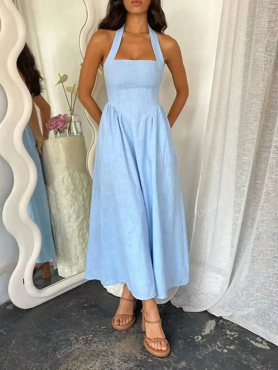 Women Halter LightBlue Linen GatheredWaist FlowyMaxi Dress Minimalist Boho Vacay SpringSummer Coastal BeachBrunch Breathable