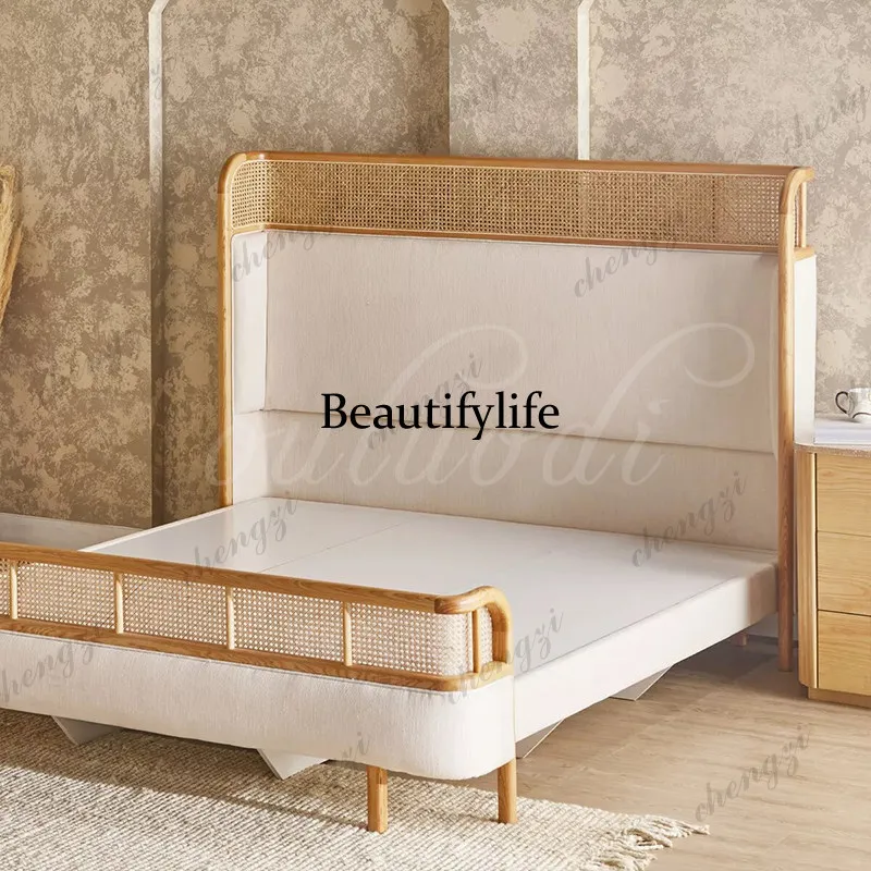 French all solid wood, master bedroom household 1.8 rattan double bed American 2 meters 1.5 princess bed rattan art bed