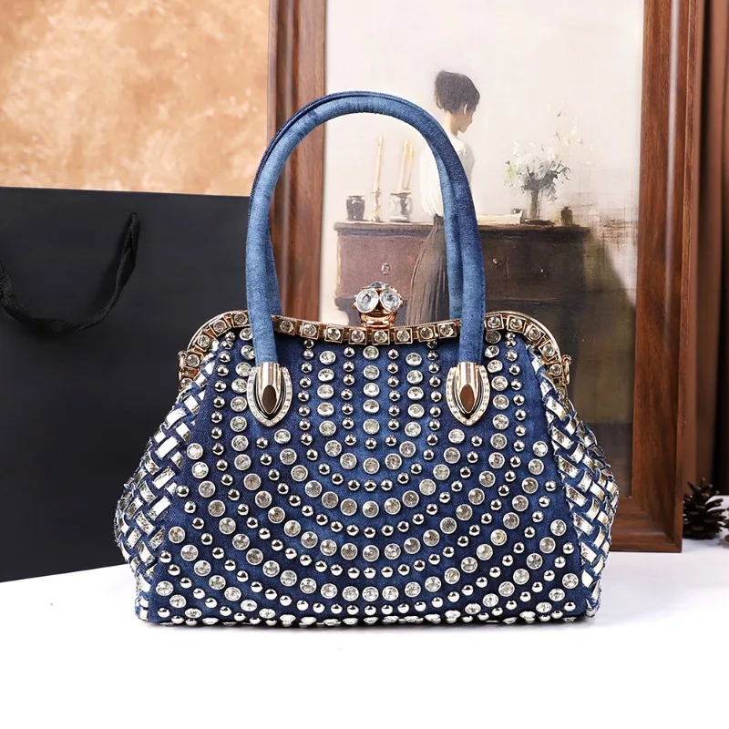 

2025 Luxury New women's fashion washed denim tote bag, large-capacity elegant diamond-encrusted single-shoulder crossbody bag