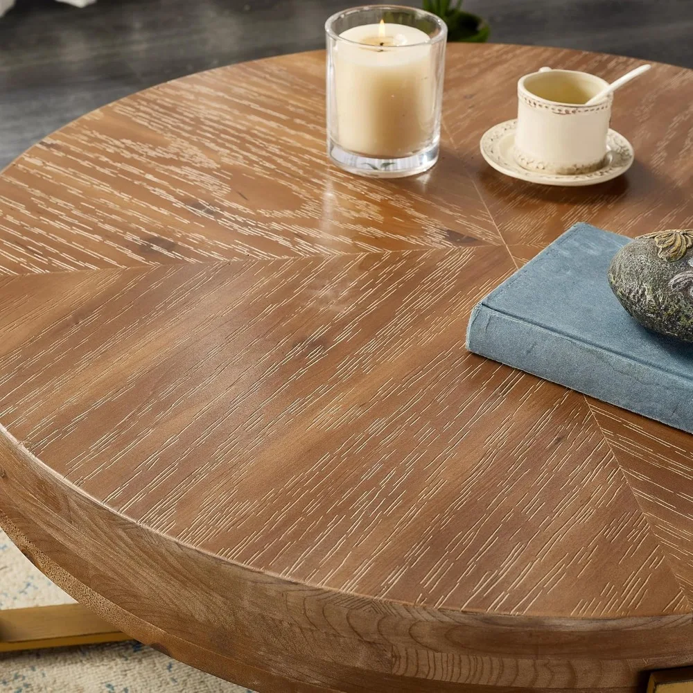 طاولة قهوة خشبية دائرية لغرفة المعيشة - طاولة قهوة خشبية دائرية بأرجل معدنية ذهبية، طراز ريفي، طراز قديم #5