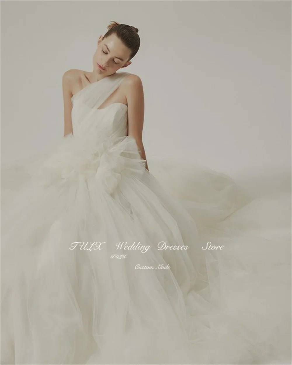 TULX Elegant One Shoulder Korea Wedding Dresses Photo Shoot Corset Back Floor Length Tulle Pleat Bridal Gowns Custom Made 웨딩드레스