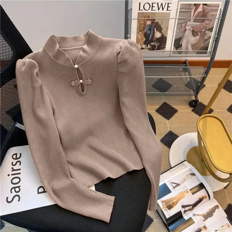 2023 Autumn Winter New Solid Color Fashion Stand Collar Pullovers Women High Street Slim Screw Thread Hollow Out All-match Tops