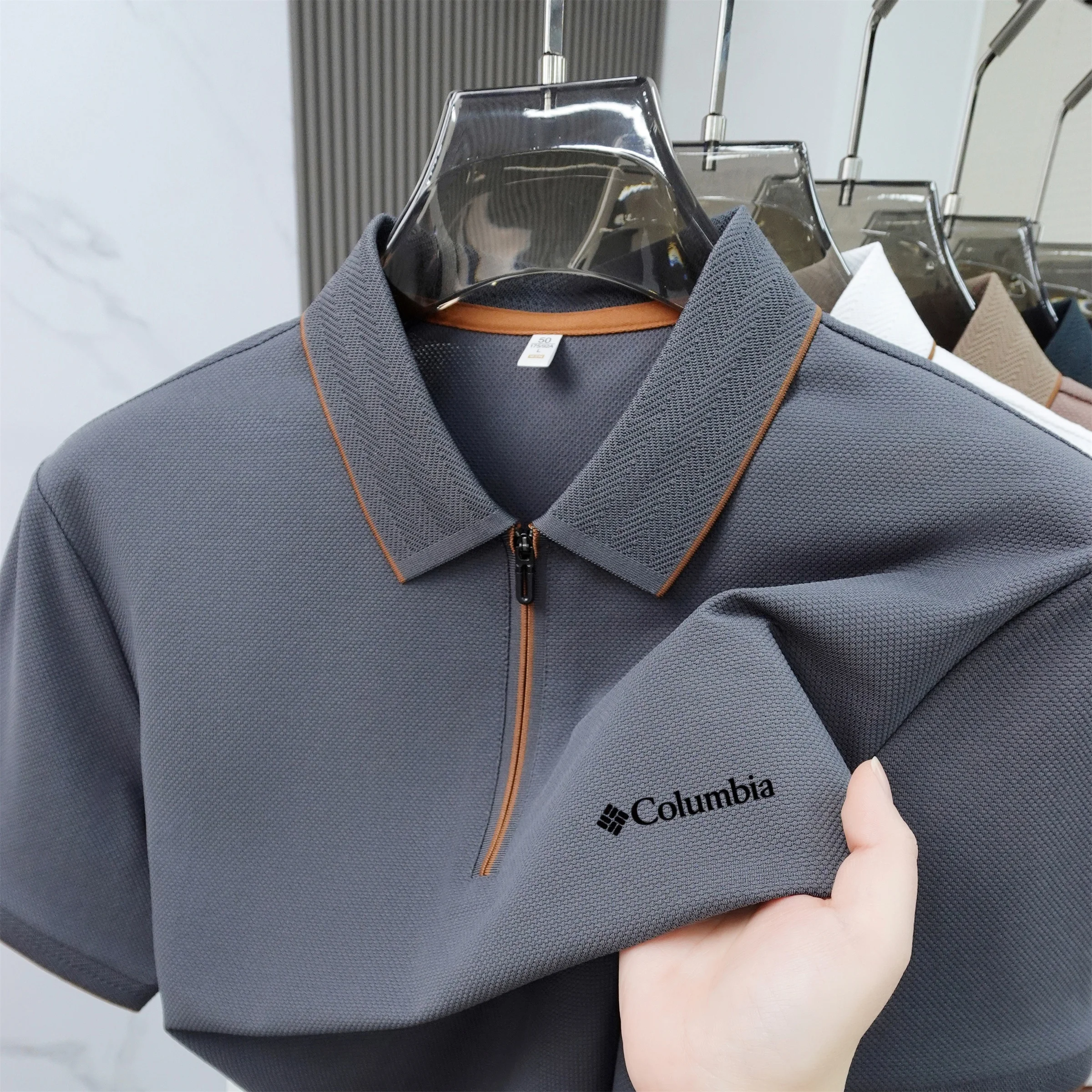 Men Zipper Lapel Polo Shirts Summer Waffle Breathable Short Sleeve Business Casual Soft Tops