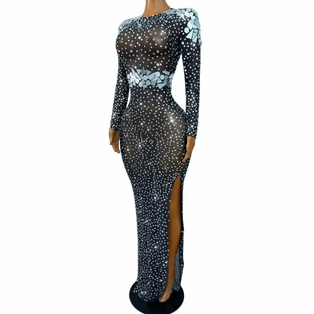 Sexy Transparent Black Mesh Shining Mirrors Rhinestones Trim fit Dress Women Party Evening Gown Red carpet Show Stage Wear view 4