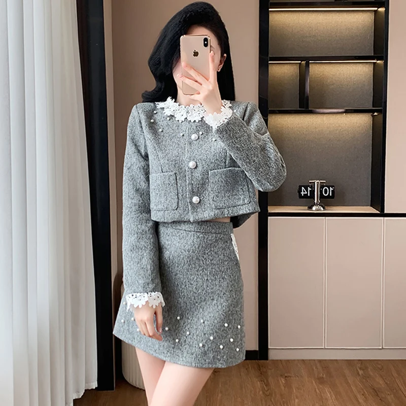 Autumn Winter Fashion Tweed Two Piece Set New Women Sweet Lace O-Neck Single Breasted Short Coat+Mini A Line Skirt Elegant Suits