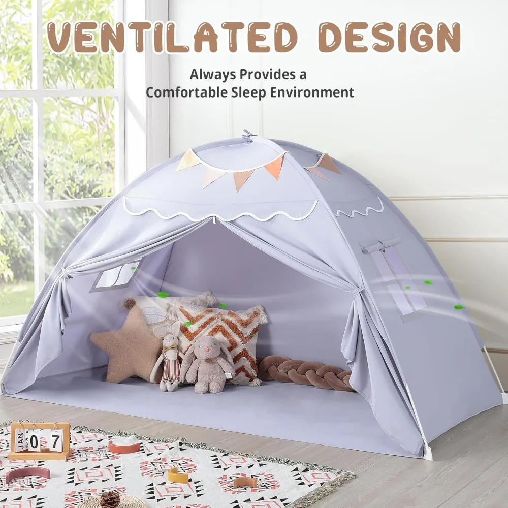 Tenda Tempat Tidur Balita Sumbababy: Lampu & Bendera, Tenda Tempat Tidur Lantai Dalam Ruangan untuk Anak-Anak - Rumah Bermain Portabel & Lipat, Tirai Tempat Tidur Tingkat Twin