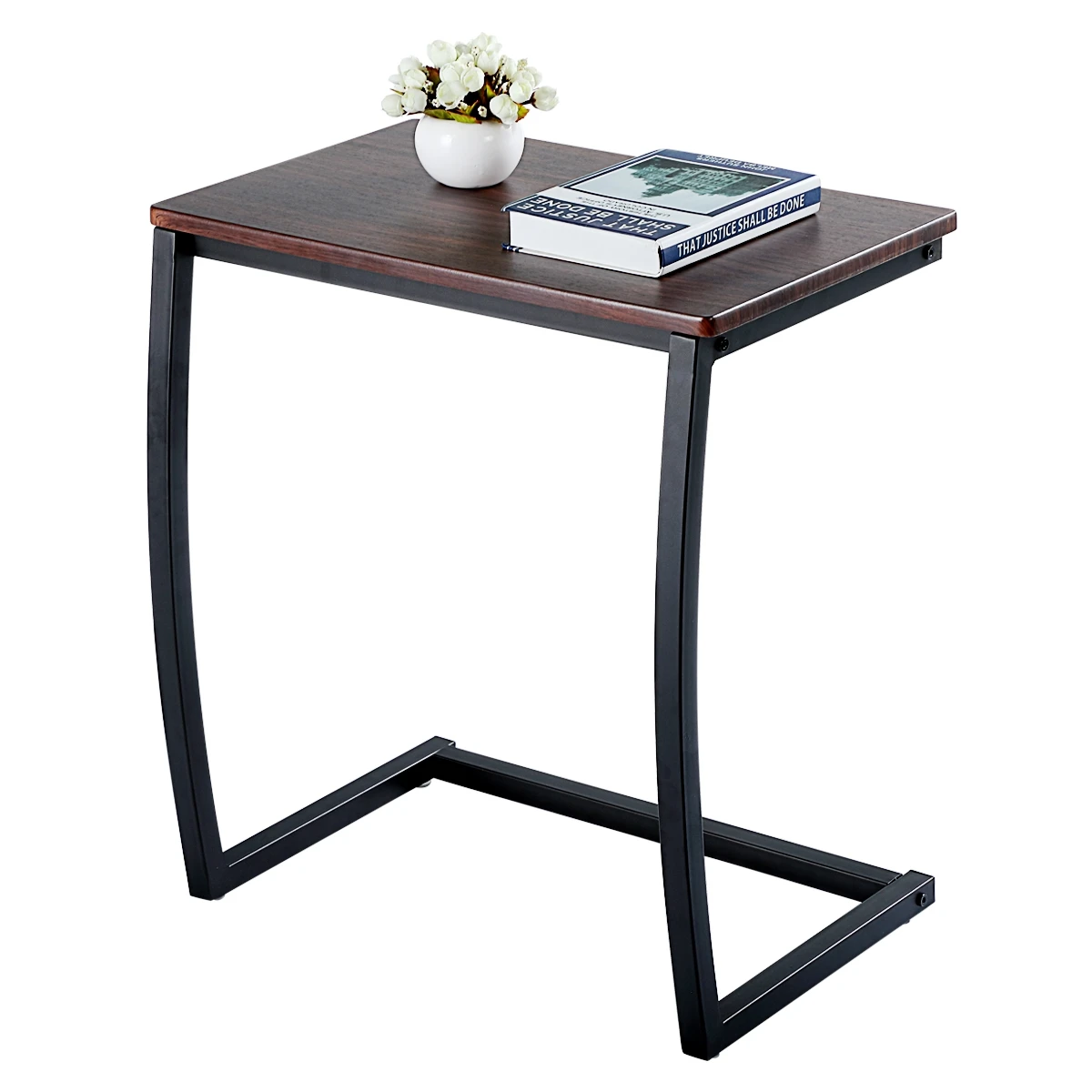 Industrial Sofa Side Table, C Shaped End Table, Portable Bedside Workstation, Laptop Holder with Metal Frame, Small Spaces, Coff