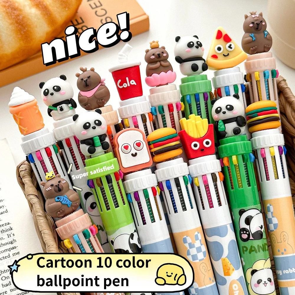 

20Pcs/Lot Cute Cartoon 10 Colors Ballpoint Pens Kawaii Panda Capybara Fast Food Ten Color Ball Pen Writing Student School Marker