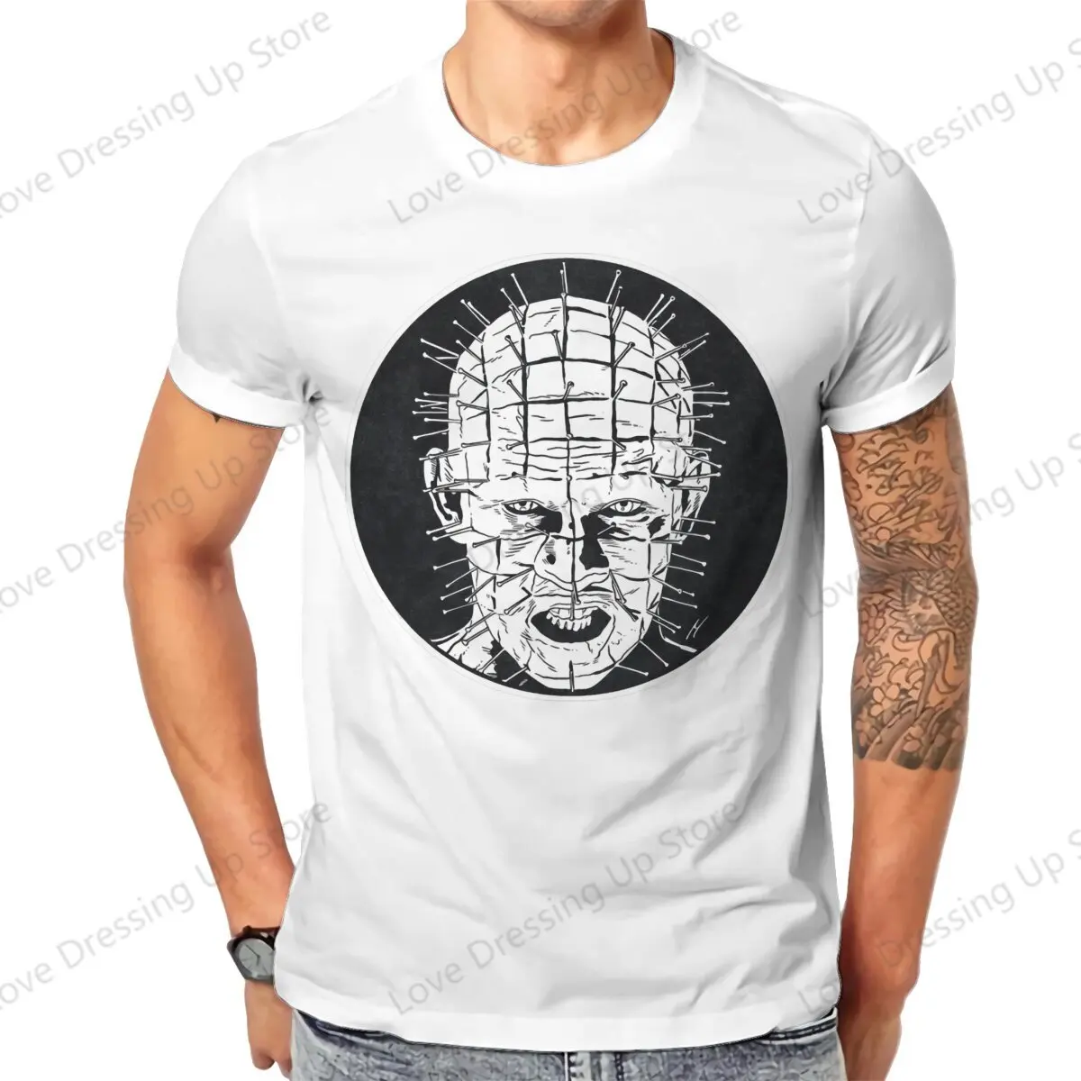 

Pinhead Circle Black and White cotton printing men's Tshirt Short Sleeve Tshirts Hellraiser Horror Movie Hipster Hot Sale Tops