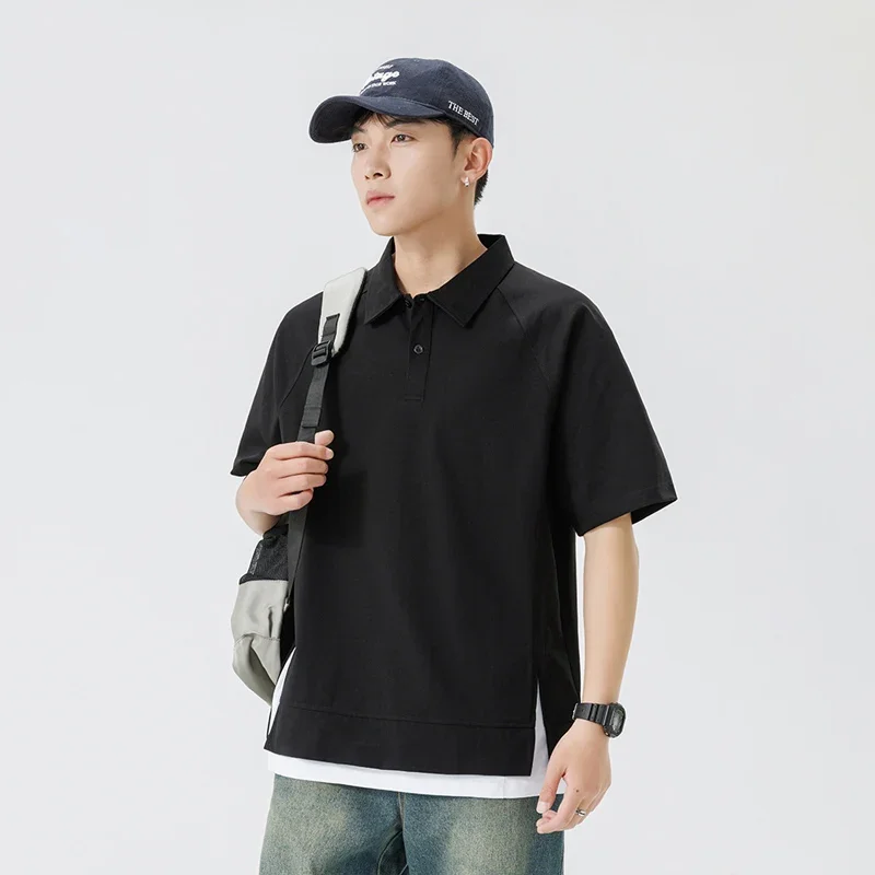 

TFETTERS Brand Fake Two Pieces Mens Polo Shirts 2025 New Solid Color Baggy Casual Polo Shirts for Man Daily Retro Clothes Male