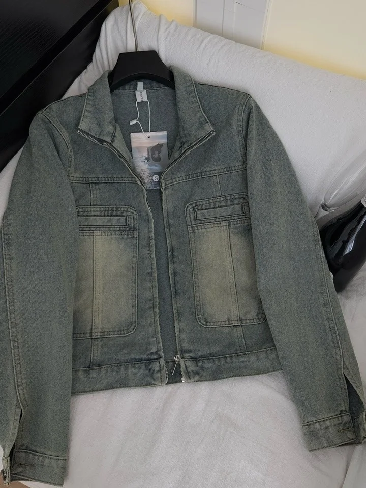 

Faionable Retro Distred Denim Jaet Women's Loose Slimming Casual Lazy Sle Top Polyester Fiber 2025 Autumn New Arrival