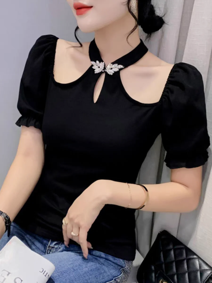 Women Short Sleeve Halter Collar T Shirts Lady Elegant Stretchy Summer Off Shoulder Tops Tees Girl Hot Sweet T-Shirt