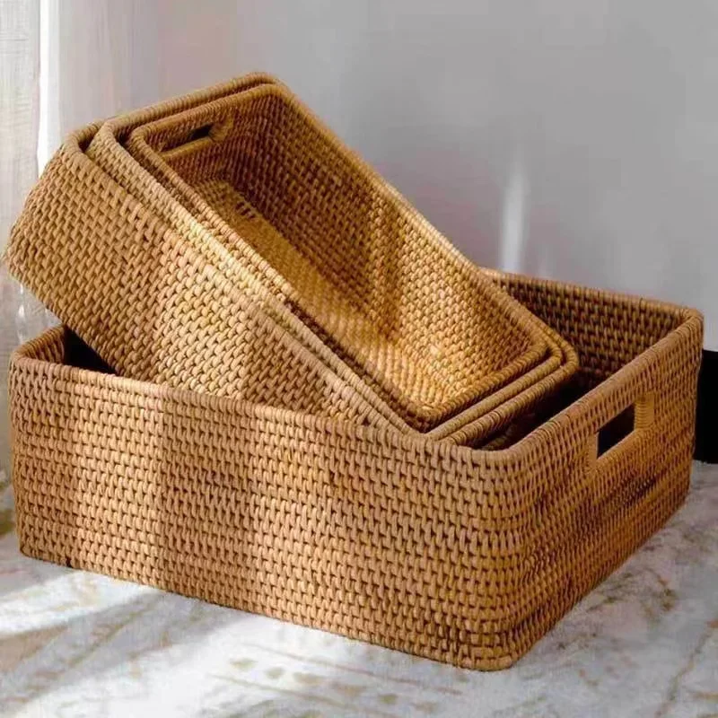 Hand Woven Wicker Basket, Rectangular Rattan Container, Bread Snack  Cosmetic Storage Box Household Tools