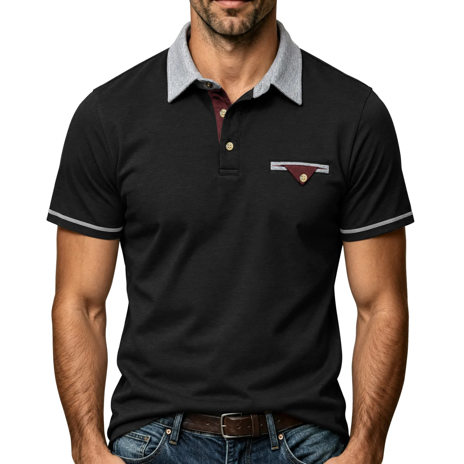 American Style Summer Short Sleeve Polo Shirts Men Fashion Patchwork Turn Down Collar Smart Casual Polos Mens Pullover Tees Tops