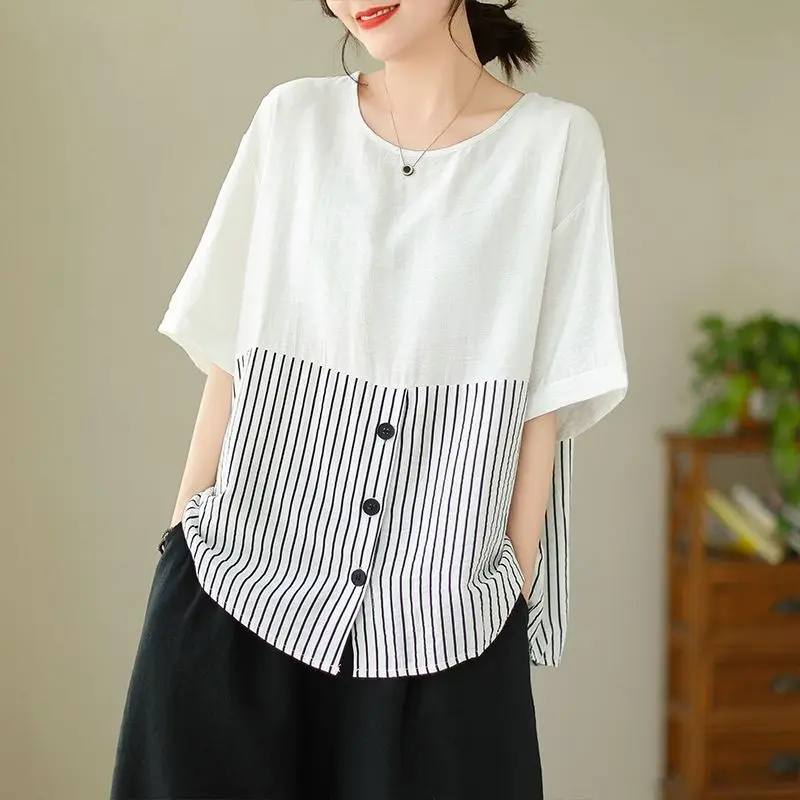 Women\'s Vintage Fashion Striped Print Patchwork Short Sleeve T-shirts Summer Female Simple Casual O Neck Loose Cotton Linen Tops