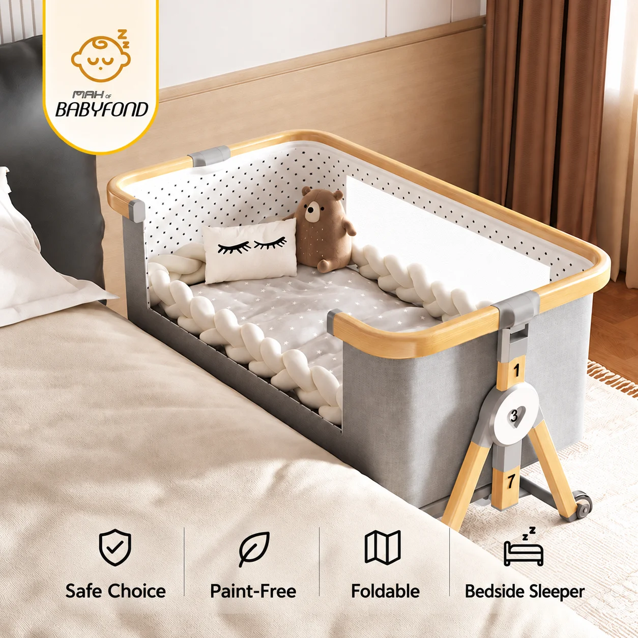Babyfond Foldable Mobile Height Adjustment Cradle Neonatal Portable Crib Splicing Bed Multifunctional Crib