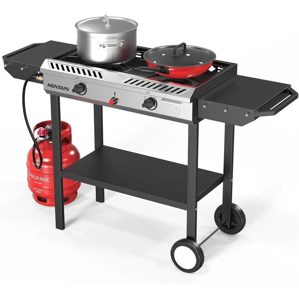 

Portable 2-Burner Propane Stove with Auto Ignition, 150,000 BTU, Side Shelves, Wheels, and Regulator for Outdoor Cooking