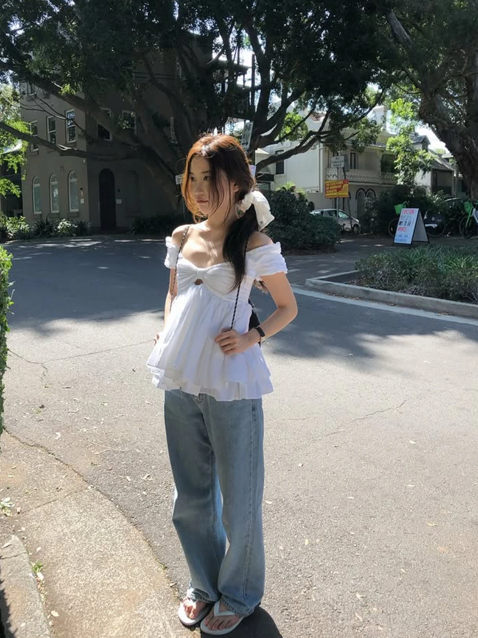 Thebarn*et Spring Knot Strapl oulder Bared irt White Fairy Top Donna Casual Faion Cotton V-ne ort Sl...