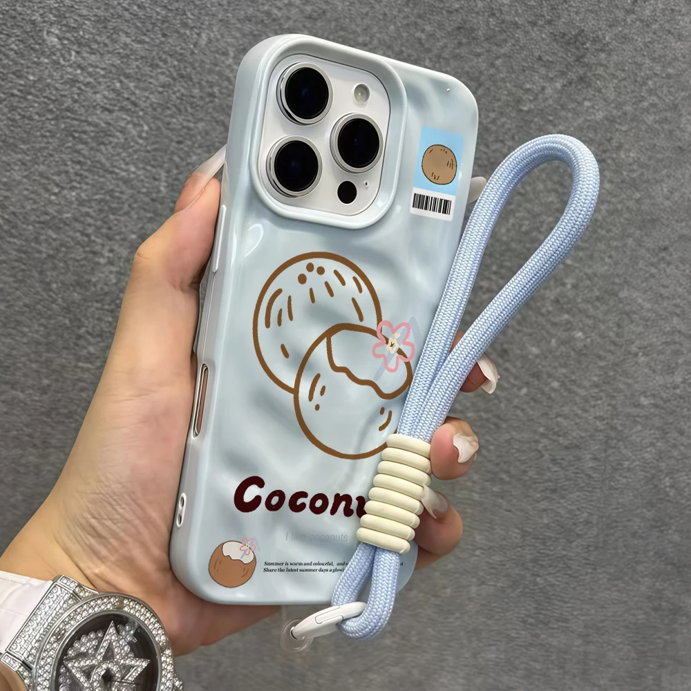 Niedliche Handyhülle mit Kokosnussmuster aus Falten-Silikon für iPhone 17 15 13 11 12 14 16 17 Pro Max 15 Plus Air mit Lanyard INS Cover – Detail 5