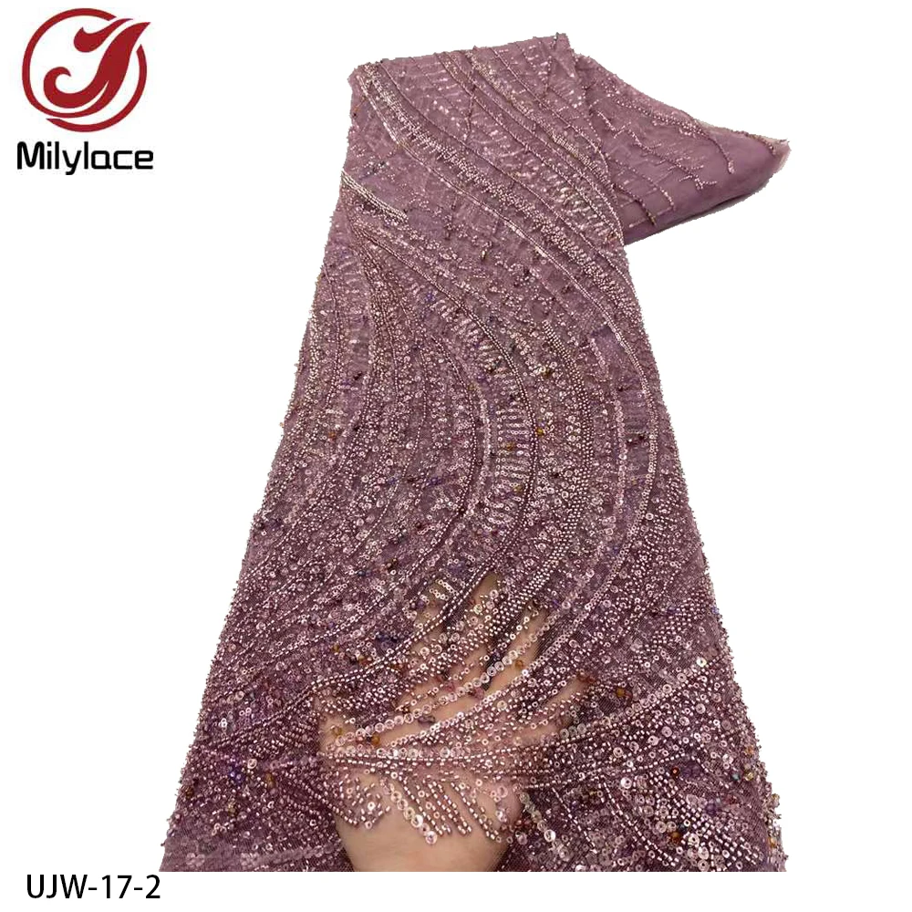 Elegant African Heavy Beaded Sequins Lace Fabric Nigerian Groom Embroidery Lace for Wedding Dress UJW-17