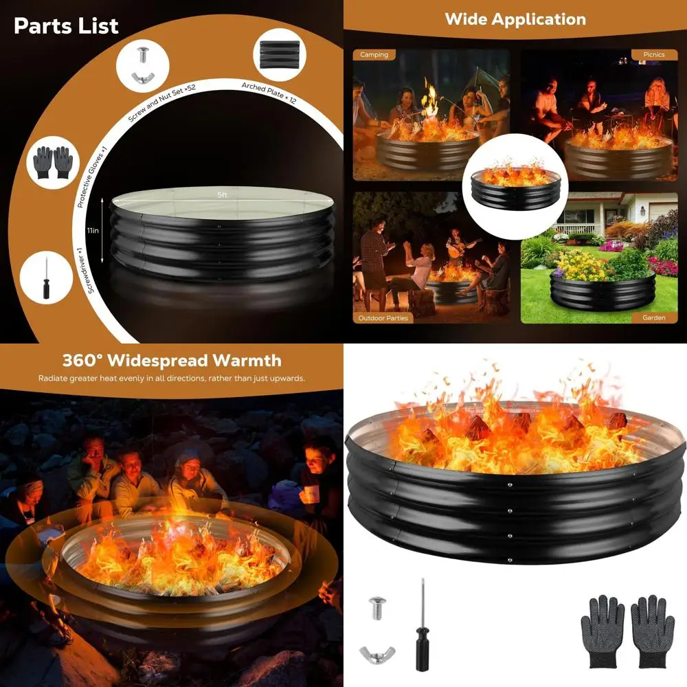 

60 Inch Galvanized Fire Pit Ring, 5 Feet Diameter, Outdoor Backyard Bonfire, Black