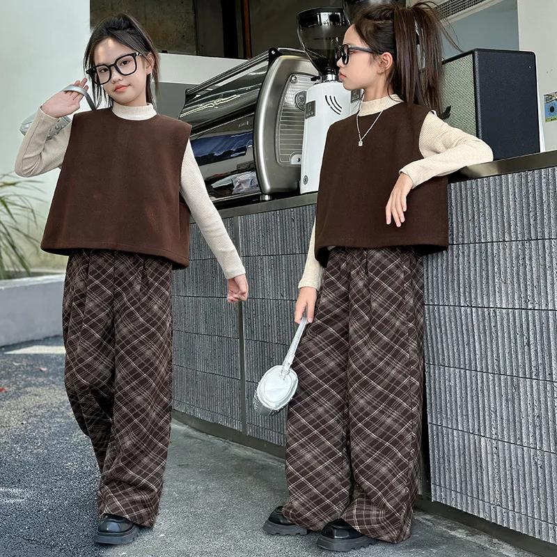 Girls Suit Spring Autumn 2024 New Korean Style Children Fashion Fall Bottoms Plaid-leg Pants Coffee Gary Simple 3-piece Set