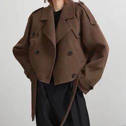 Autumn Brown Retro Woolen Coat Turn-down Collar Casual Jacket New Fashion Slim Fit Woolen Coat 2024 High Street Lady Outerwear