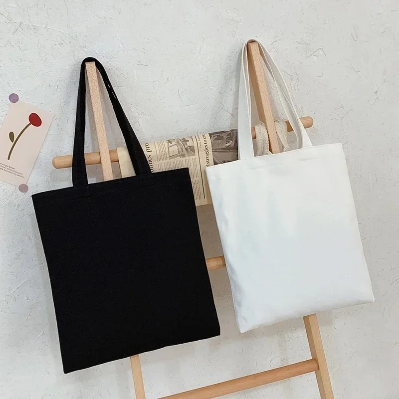 5 pcs Supermarket cotton Shopping Bags Folding Eco-Friendly Cotton Tote Bags DIY Shoulder Bag Grocery Handbag black White