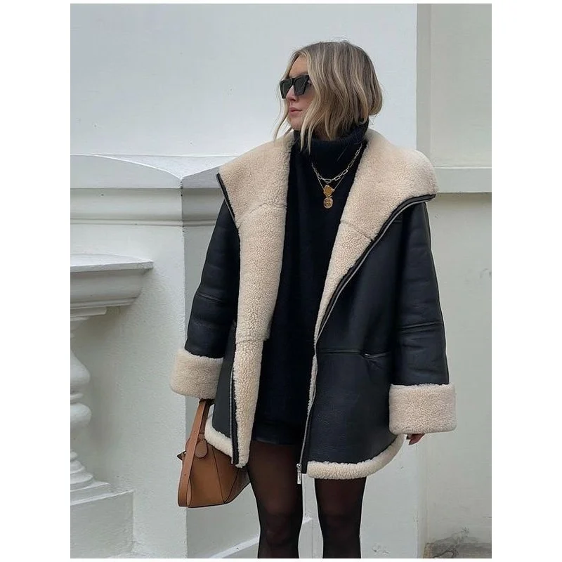 Elegancki płaszcz ze skóry ekologicznej z futrzanym kołnierzem dla kobiet, nowość na jesień i zimę, młodzieżowy, miejski, długi rękaw.