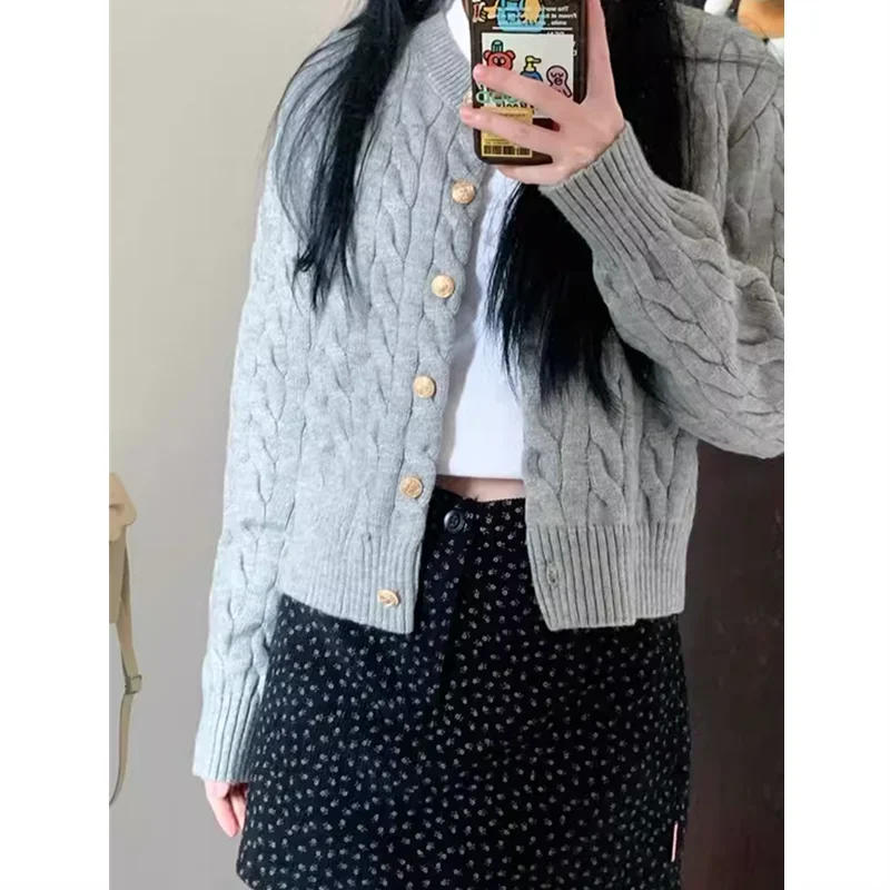 Gray Vintage Knitted Cardigan Autumn Crop Cable Solid Round Neck Button Cardigan Coats Autumn Korean Preppy Style Knitwear Tops