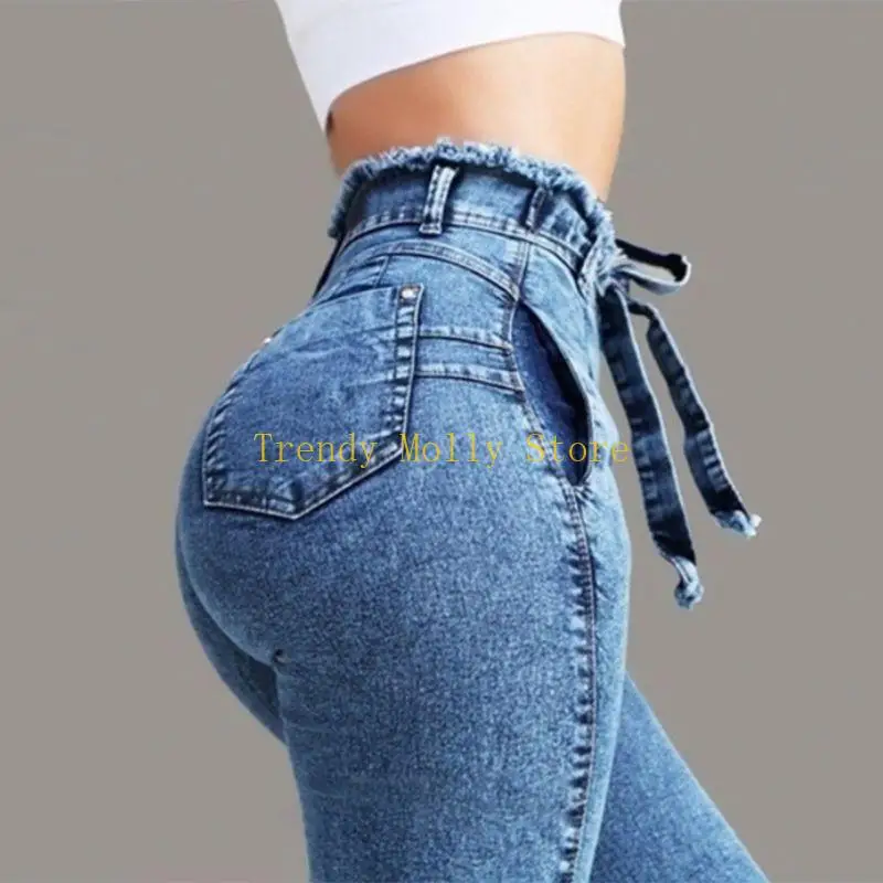 N5KB Mulheres borla Fringe Tassels High Stretch Skinny Jeans Bodycon Lápis Ponta crava faixas faixas