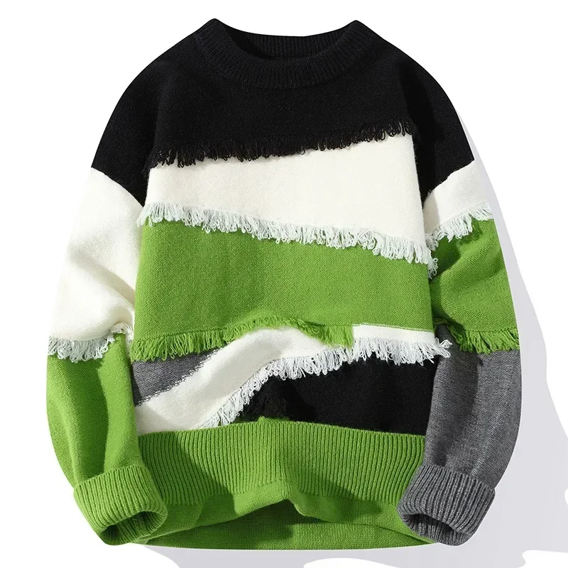 

Men Pullovers Long Sleeve O Neck Sweater Spliced Patchwork Jumpers Flat Knitted Loose Fit Standard Wool High Street 2025 New