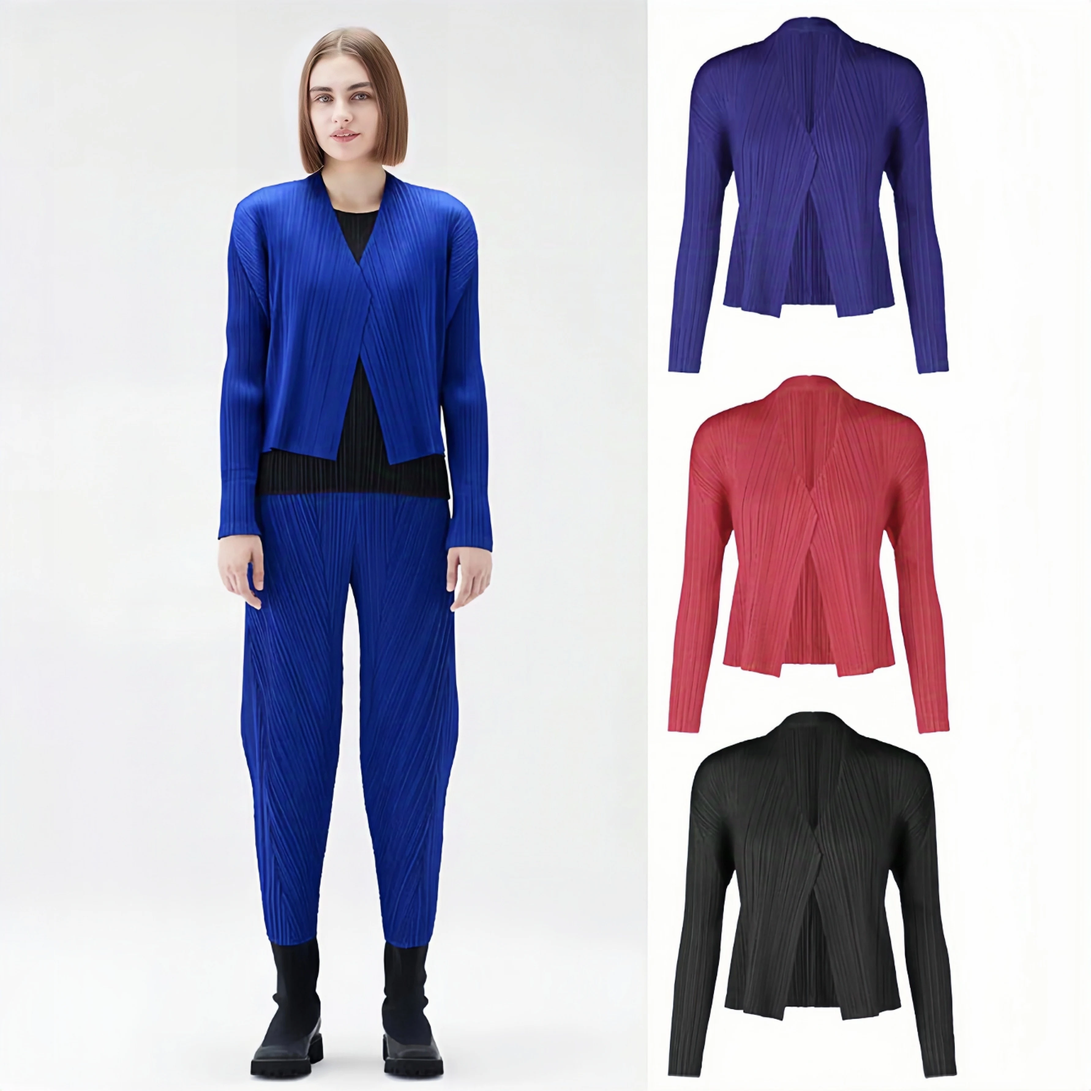 

Pleated Miyake Fold 2025 Spring New Short Coat Single Buckle V-neck Long Sleeve Slim Ladies Cardigan Top